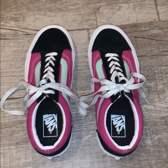 teal and pink vans